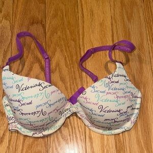 Victoria's Secret Script Logo Pattern Cotton Bra with Purple Straps | 32C |